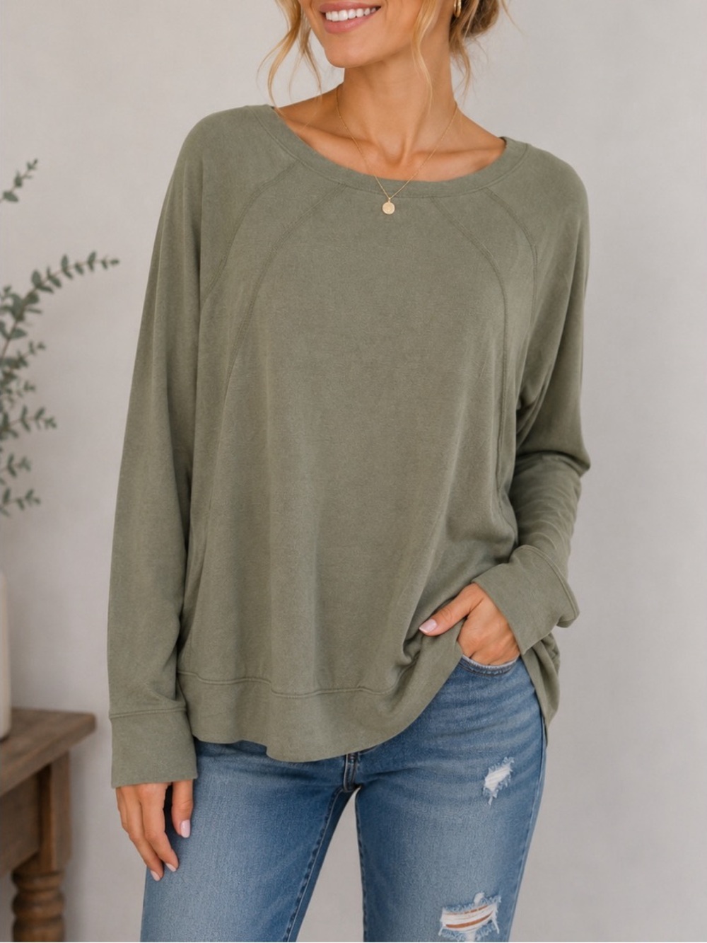 J. Jill olive green long-sleeve top featuring a relaxed, loose fit and crew neck